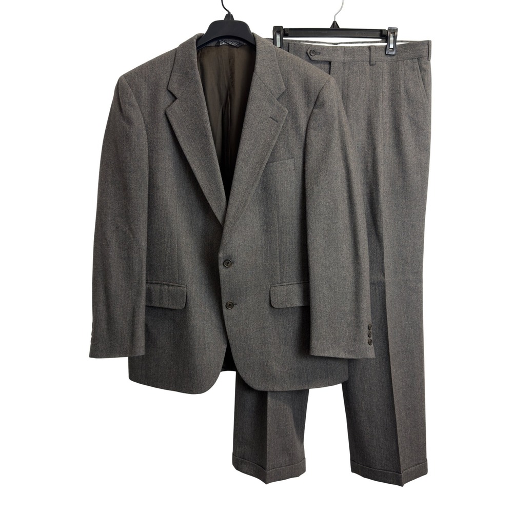 Halston Todays Man 44R Herringbone Wool 2 Piece Suit Blazer‎ 36X31 Pants Grey